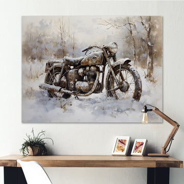 Old Rustic Bike In Winter - Motorcycle Canvas Wall Art